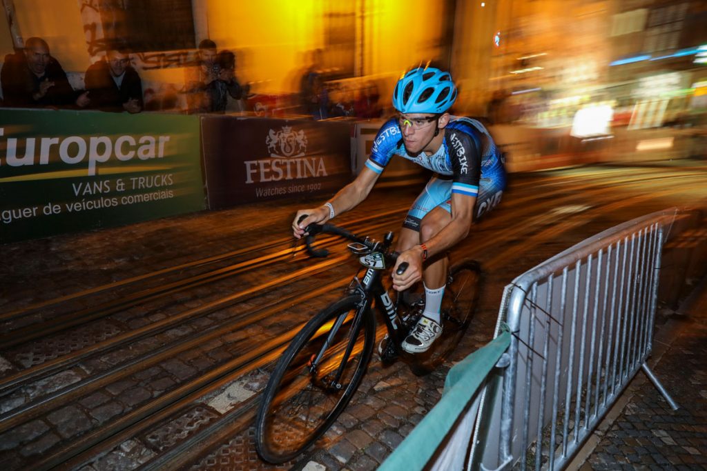 A cyclist in competition on the "Glory climb" cycling race in Lisbon. Portugal.